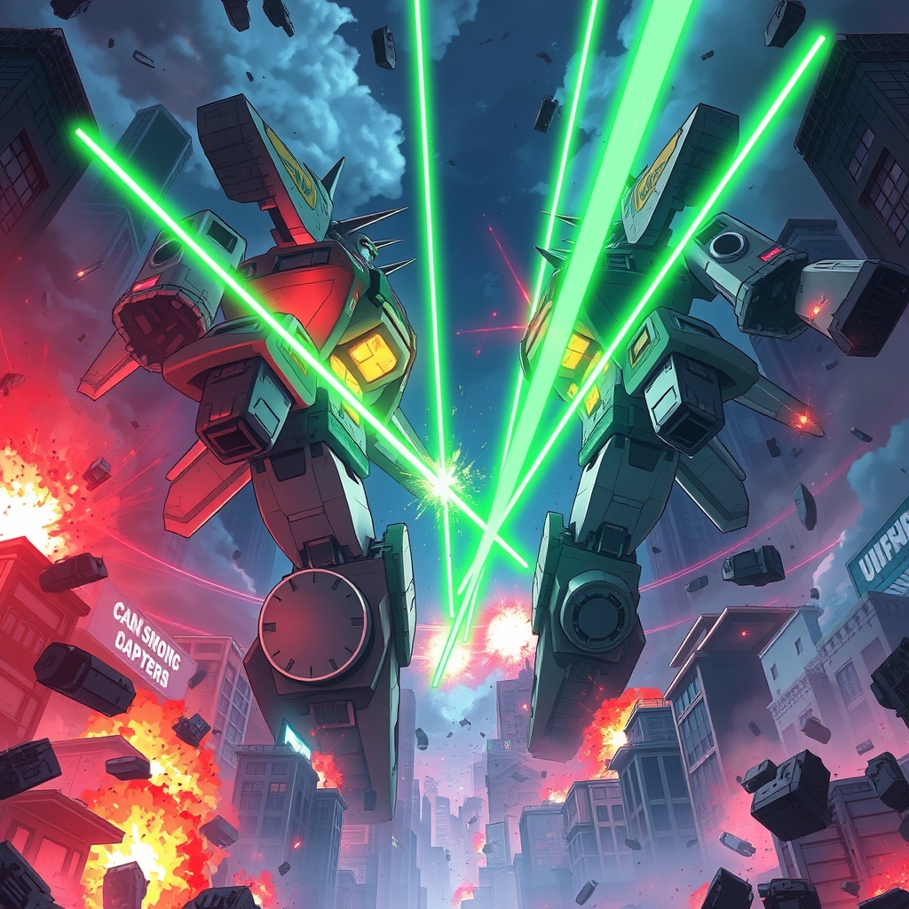 Battle of two giant robots in the middle of an anime city, explosions and green and red lasers, building debris, low angle view.5