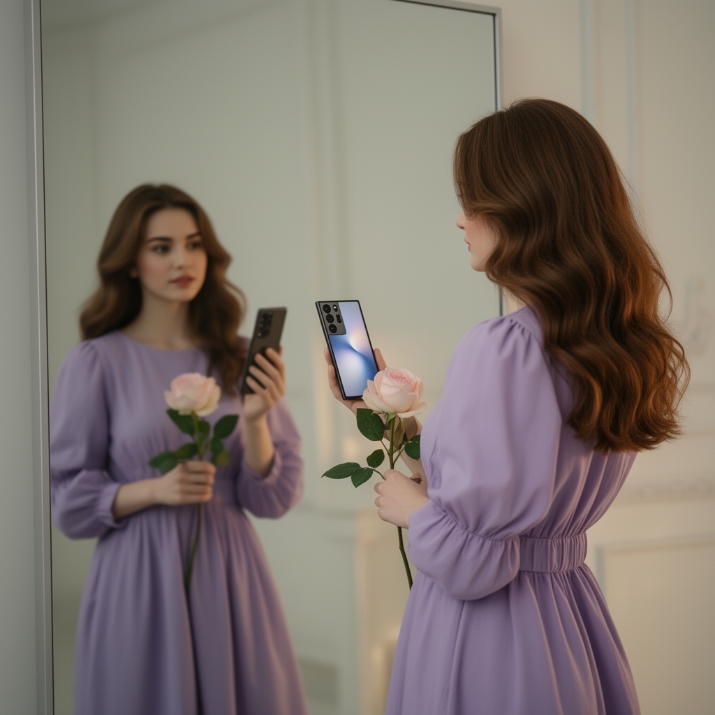 دختری با موهای بلند قهوه ای نچرال موج دار و لباس یاسی پینترستی پفی جذاب که رو به روی آینه با موبایل سامسونگ اس 25اولترا ایستاده که در دست راستش شاخه گل رز کار بنی است2