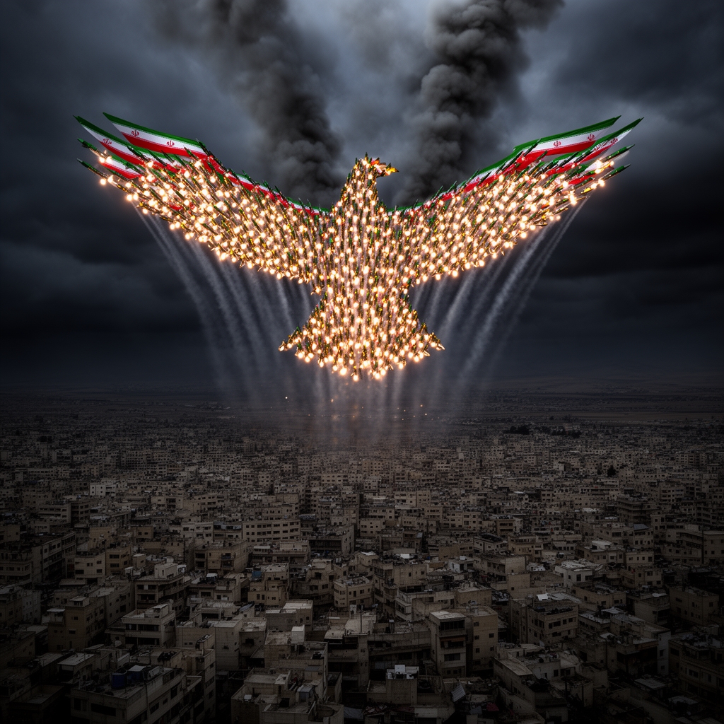 موشکهای زیاد با پرچم 🇮🇷 درحال فرود روی شهر تلاویو که شکل یک عقاب را ساخته اند2