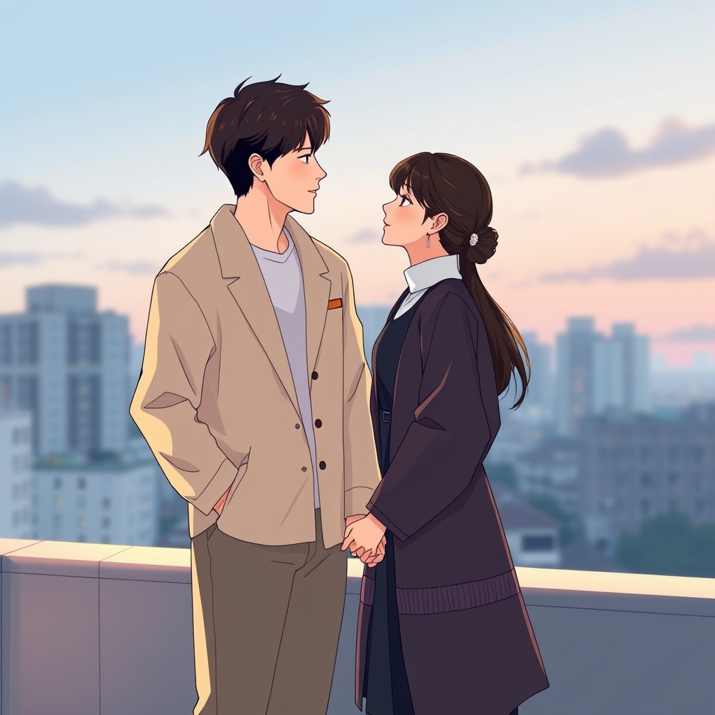 سو هو بازیگر نقش انیمه ی زیبایی حقیقی با جونکیونگ که دست در دست هم و به هم خیره شده اند و روی پشت بوم هستن و شهر پشتشان دیده میشود8