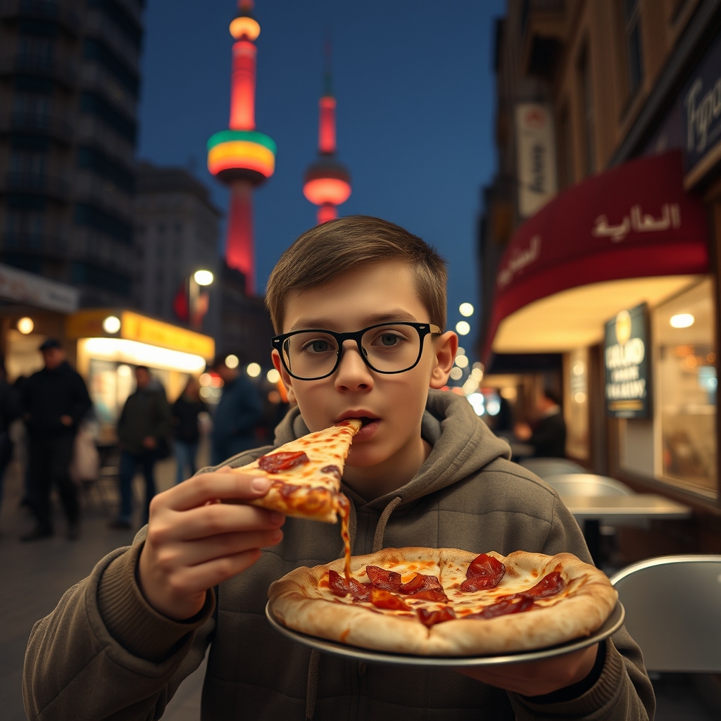 یک پسر عینکی در حال پیتزا خوردن در شهر تهران کنار برج میلاد 15