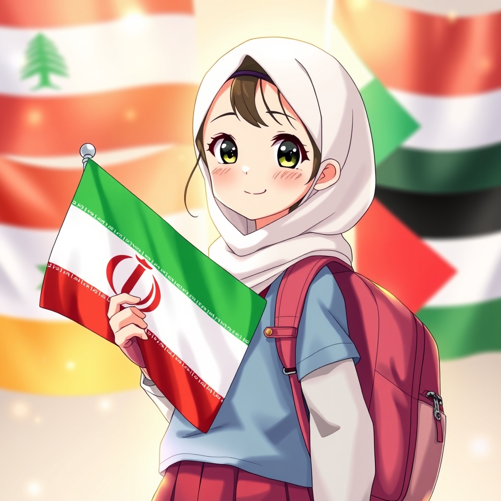 عکس دختر بچه ی مدرسه ای با کوله پشتی  خیلی زیبایی که مانند فرشته ها است و پرچم کشور ایران در دست دارد و محجبه است در حد  ۹ تا ۱۲ سال است و خیلی هم زیبا است پشت زمینه ی تصویر پرچم کشور های  لبنان یمن فلسطین است2