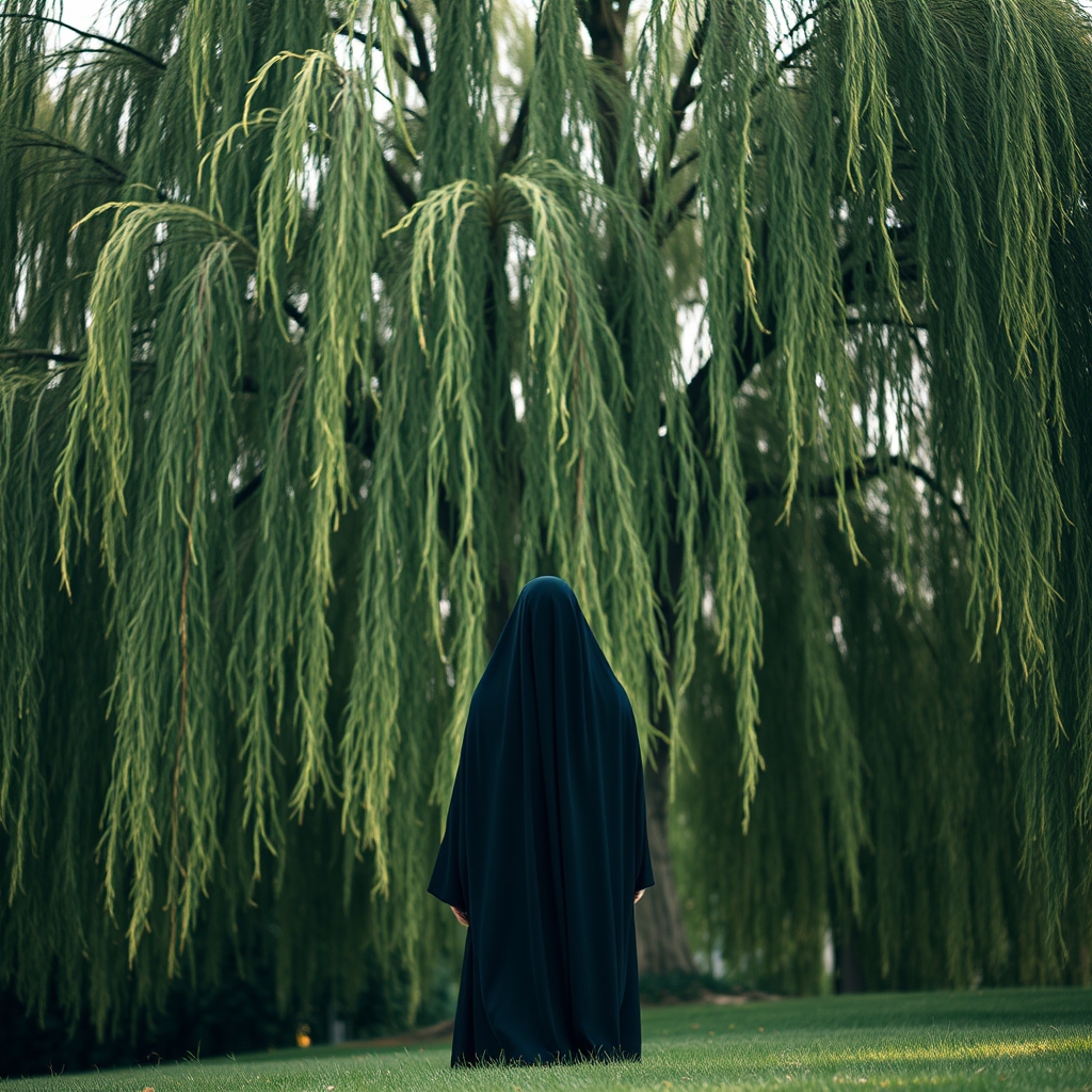 درخت بید مجنون بسیار بزرگی که زیر آن زنی با چادر مشکی پشت به دوربین ایستاده باد برگ ها و چادر زن را به حرکت در آورده17