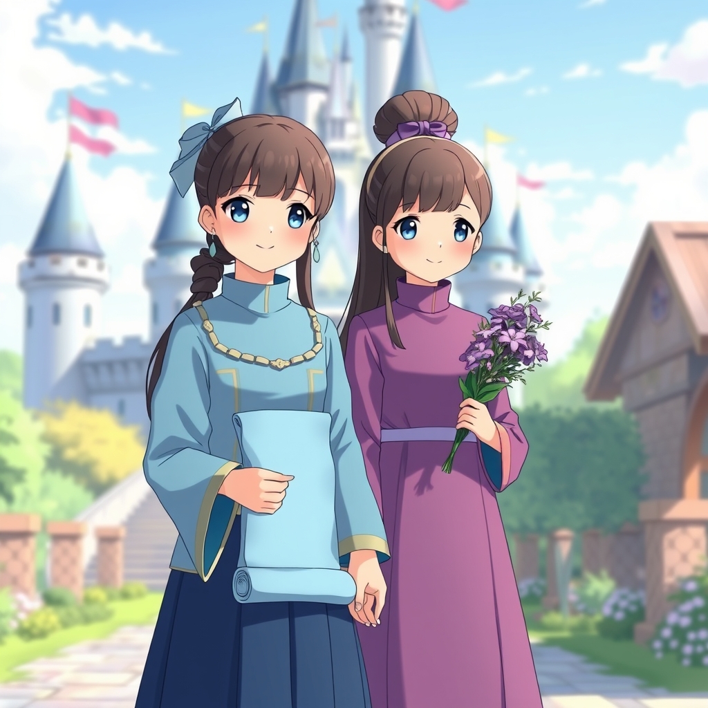 دختری انیمه با لباس های آبی آسمانی و رو به روی قصری آبی آسمانی و در دست کادویی آبی آسمانی در دست دارد و دوستی در کنار خود با لباس های بنفش که در دست خود دسته گلی بنفش دارد10