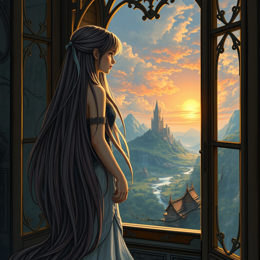 دختری با موهای بلند بلند تا زانوش که در پنجره داره به بیرون نگاه میکنه5