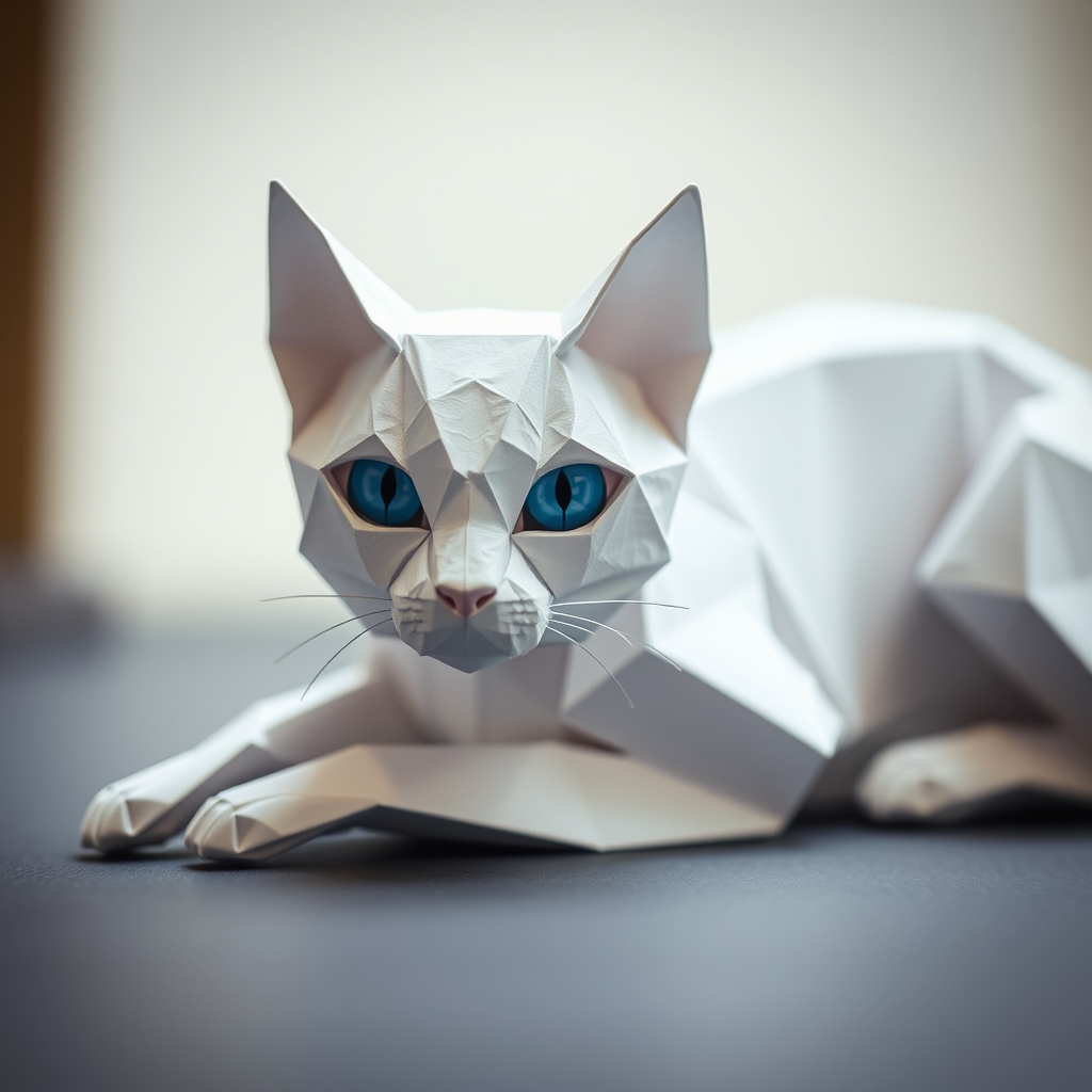 This image shows a white cat with striking blue eyes, lying down on a surface. The background appears to be blurred, focusing attention on the cat.18