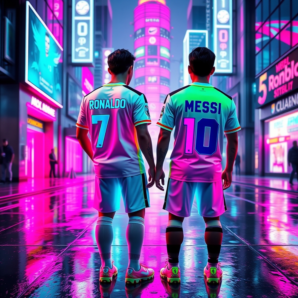 تصویری از بازیکنی با شماره ۷ که پشتش RONALDO نوشته در کنار بازیکنی با شماره ۱۰ که پشتش MESSIنوشته5