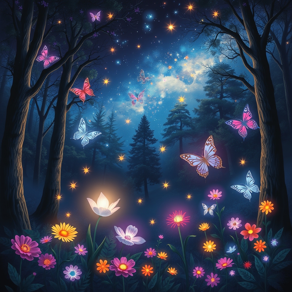 عکس شب در جنگل و ستاره های زیبا پروانه های نورانی و بی رنگ و گل های رنگارنگ و نورانی0