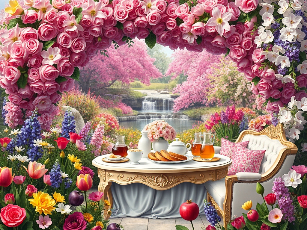 باغ زیبا پر رز لاله لی لی یم اطلسی شب بو مریم کوکب یاس نرگس نسترن سرتاپای باغ با گلها پوشیده شده
آبشاران جاری اند
رودها به هم می ریزند
زیر طاق گل صورتی
میز و کاناپه سفید و طلایی مجلل صبحانه
پر نان کره خامه عسل مربا شیر میوه سیب انار انگور11