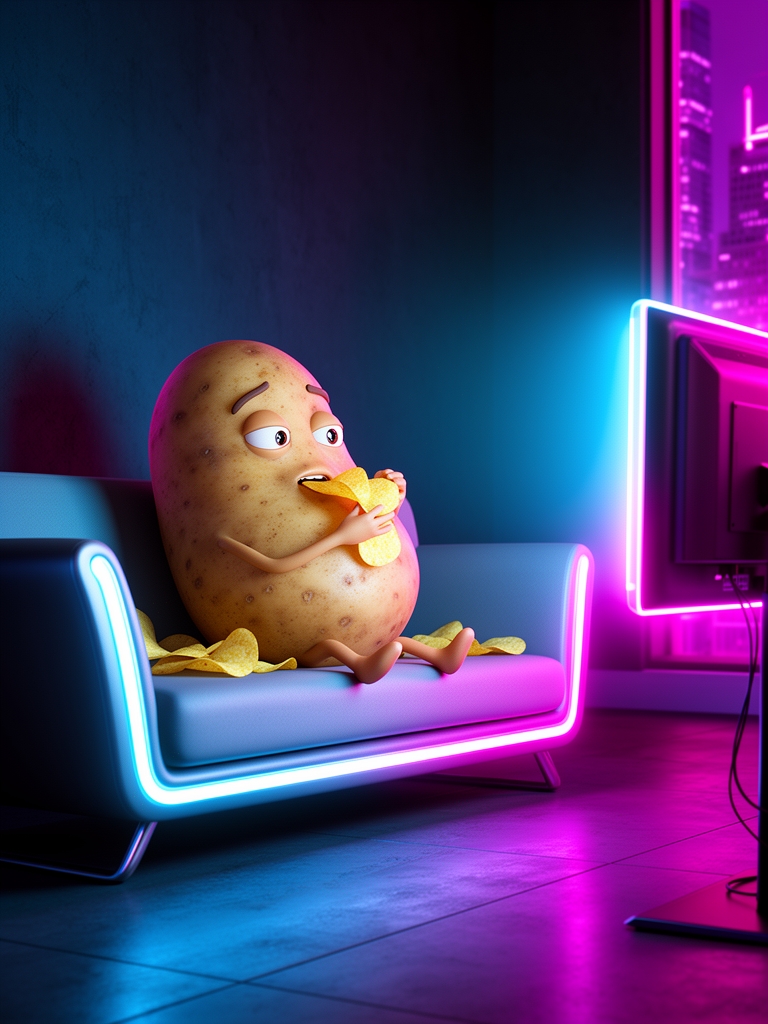 یک سیبزمینی که روی مبل نشسته و تلویزیون تماشا میکند و چیپس میخورد، مفهوم "Couch Potato"، سبک کارتونی سه بعدی.1