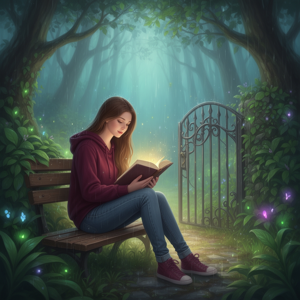 دختری زیبا با موهای بلند قهوه‌ای رنگ و پوست سفید و یک هودی زرشکی و یک شلوار جین روی یک نیمکت کنار در جنگل در حال کتاب خواندن در زیر باران 23