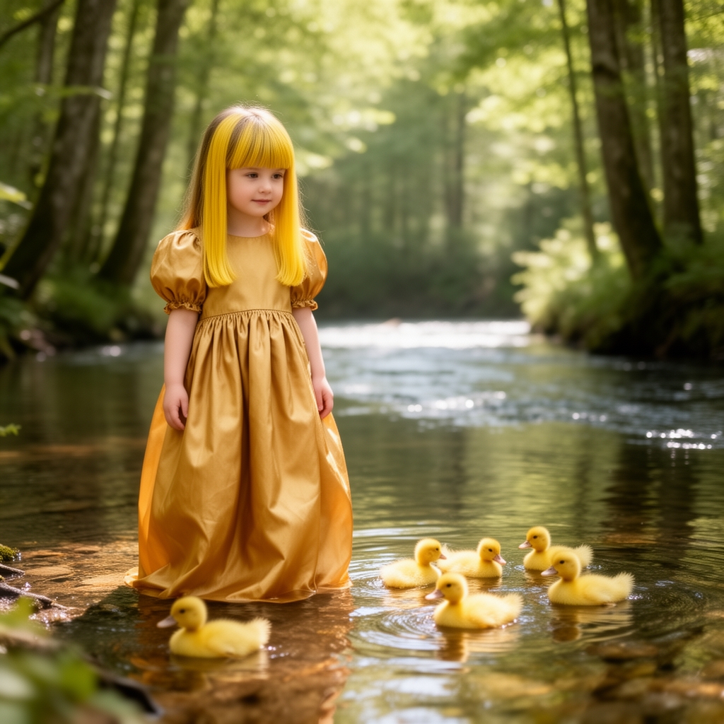 دختر بچه سفید زیبا با لباس بلند پفدار طلایی باموهای بلندزرد طلایی کنار رود در جنگل که دور تادور آن اردک های زرد 5