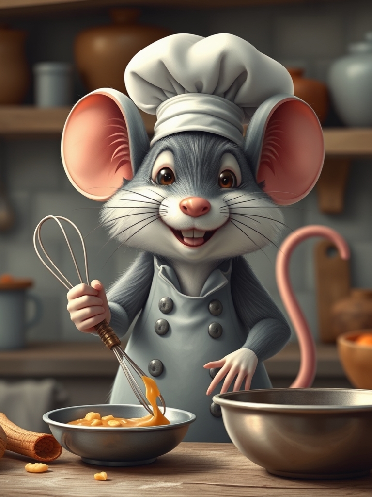 موش سر آشپزی که داره غذا درست میکنه و یک ملاقه دستش هست و کلاه آشپزی هم دارد و رنگ این موش خاکستری و سفید هست داره لبخند می زنه 0