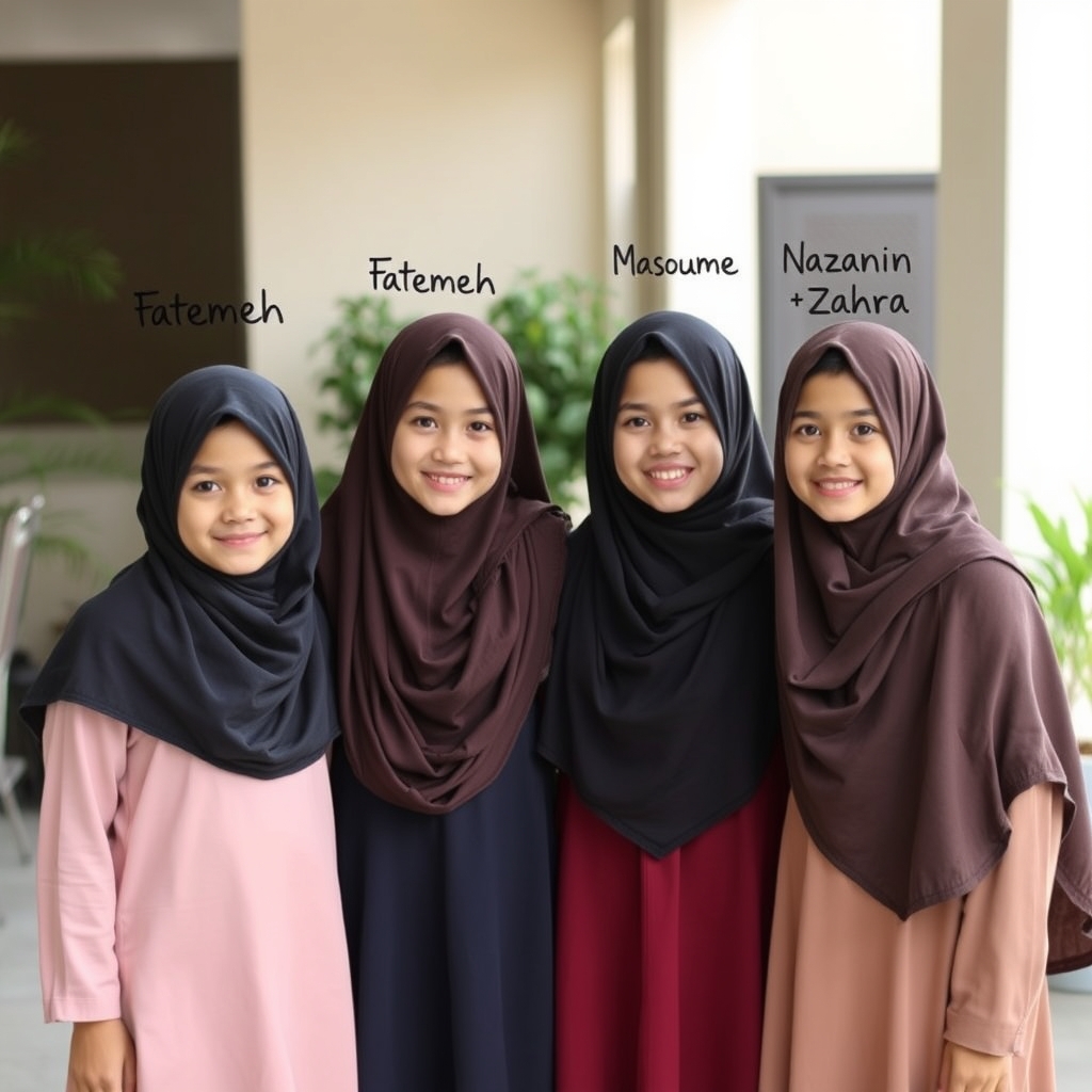 عکس ۴ تا دختر ۱۳ ساله که بالای سرشان اسمشان را نوشته و اسمشان این است: فاطمه فاطمه معصومه نازنین زهرا اسمشان است و این ها با حجاب هستند به جز معصومه که یه زره موهایش از سالش بیرون زده و من میخوام این عکس رو برای پروفایلمون بذارم چون ما یه گروه ۴ نفره هستیم5