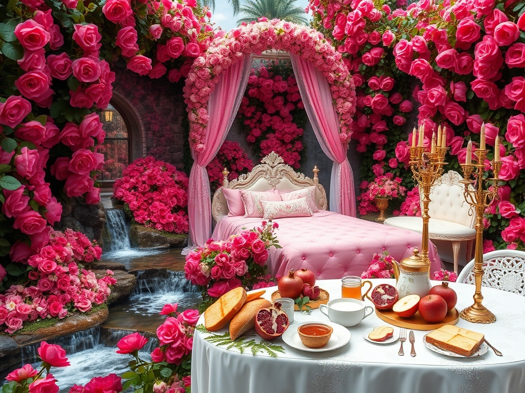 باغ گل رز سرخ و صورتی در و دیوار زمین همه جا سرتاپای باغ با رز سرخ و صورتی پوشیده شده
آبشاران جاری اند
رودها به هم می ریزند
یک طاق گل صورتی
یک تخت خواب سفید طلایی سلطنتی با کوسن صورتی و شمعدان های طلا پر شمع
یک میز سفید و طلایی مجلل صبحانه
پر نان کره خامه عسل مربا شیر میوه سیب انار انگور6