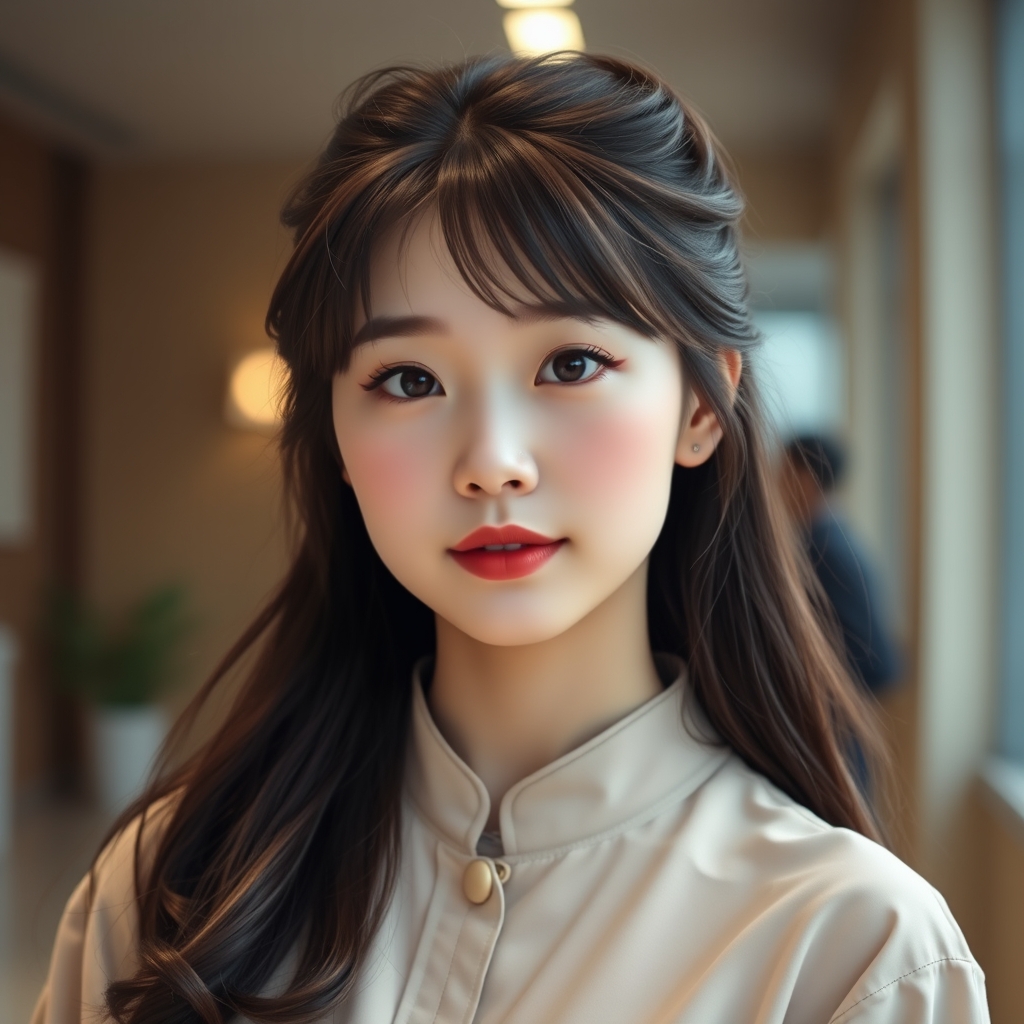 دختری کره ای ۱۸ ساله با موهای پری با گونه های صورتی با رژ لب قرمز خونی رنگ با خط چشم با بلوز کوتاه با شلوار تنگ
9