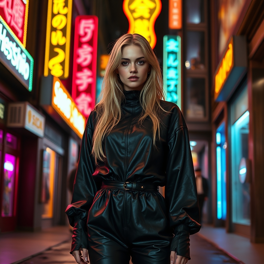 یک دختر با موهای بلوند لباس چرم مشکی کفش پاشنه بلند آمریکایی که همه لباساش سیاه هستش و داخل یک فیلم اکشن در حال بازی کردنه4