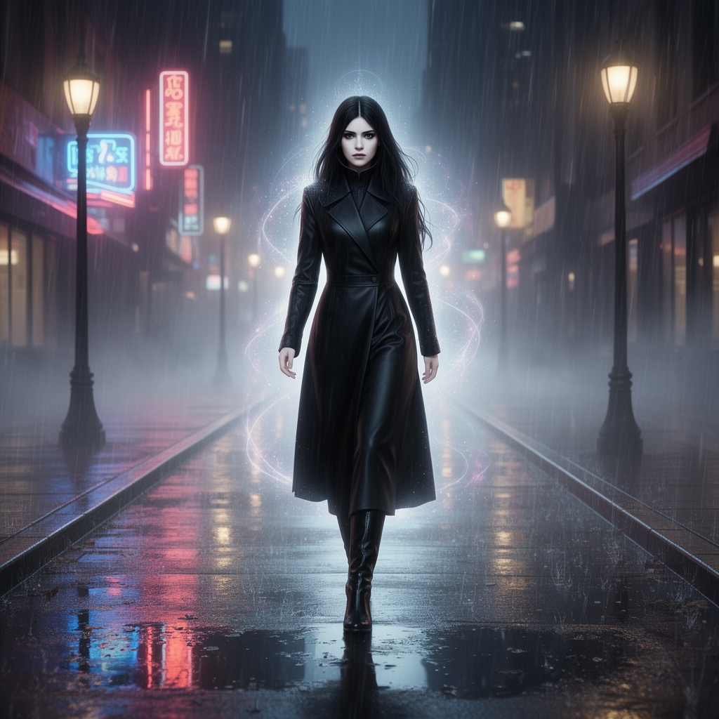 عکس یک دختر با موهای مشکی بلند و چشمان مشکی و زیبا با پوستی سفید و کاپشن مشکی و چکمه های مشکی که در پیاده رویی راه می رود شب است و باران می بارد و او تنها در پیاده رو راه می رود 3