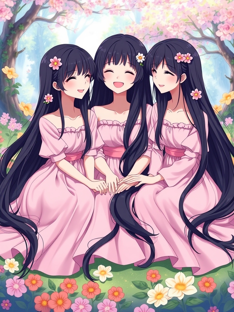 سه قلوها،سه خواهر سه قلو که خیلی شبیه هم هستند و هر سه لباس‌های صورتی و دامن‌دار به تن دارند و موهای بلند و مشکی‌شان چون شال شب بر شانه‌هایشان ریخته است. گل‌های تازه روی موهایشان نشسته و هر سه تاشون لبخندی ملایم به خواهرانش می‌نگرد و با هم می‌خندند و سه خواهر کنار هم بر روی گل‌ها نشسته‌اند و موهایشان در نسیم به‌آرامی تکان می‌خورد و گل‌ها روی موهایشان می‌درخشند .سه خواهر دست هم را گرفته اند و پشت سرشان جنگلی پر از گل است و دامن آنها بر روی زمین پخش شده است18