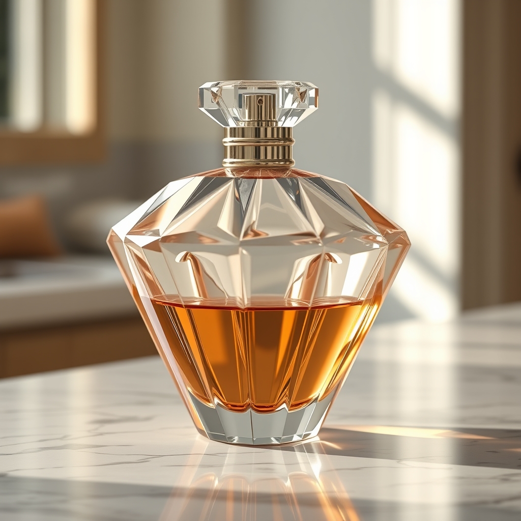یک شیشه عطر لوکس به شکل الماس، قرارگرفته روی یک پیشخوان مرمر.5