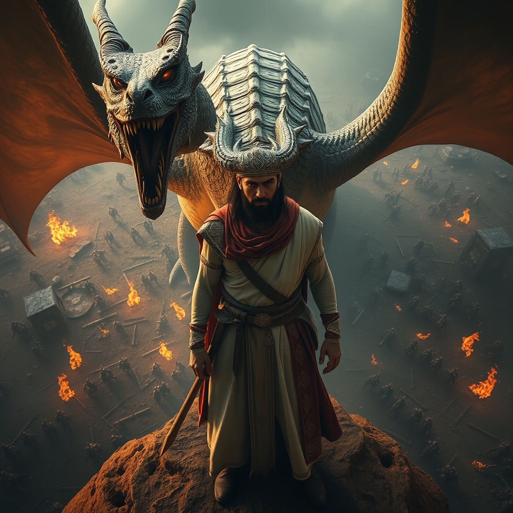 کورش شاه ایران درمقابل یک اژدر از نمای بالا که در حال مبارزه هستن خواهشن شبیه آدم بساز.
3