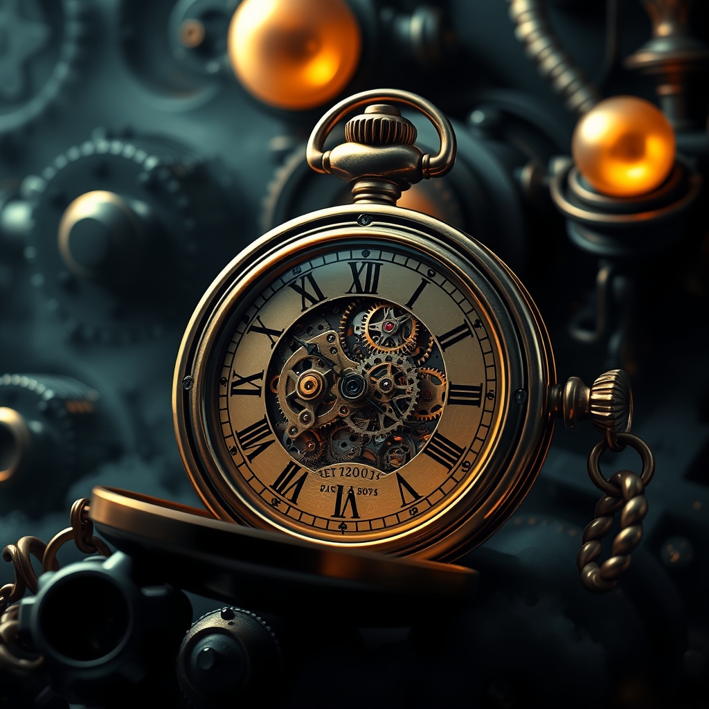 یک ساعت استیم‌پانک با چرخ‌دنده‌های نمایان، در پس‌زمینه‌ای مکانیکی و دودی.10