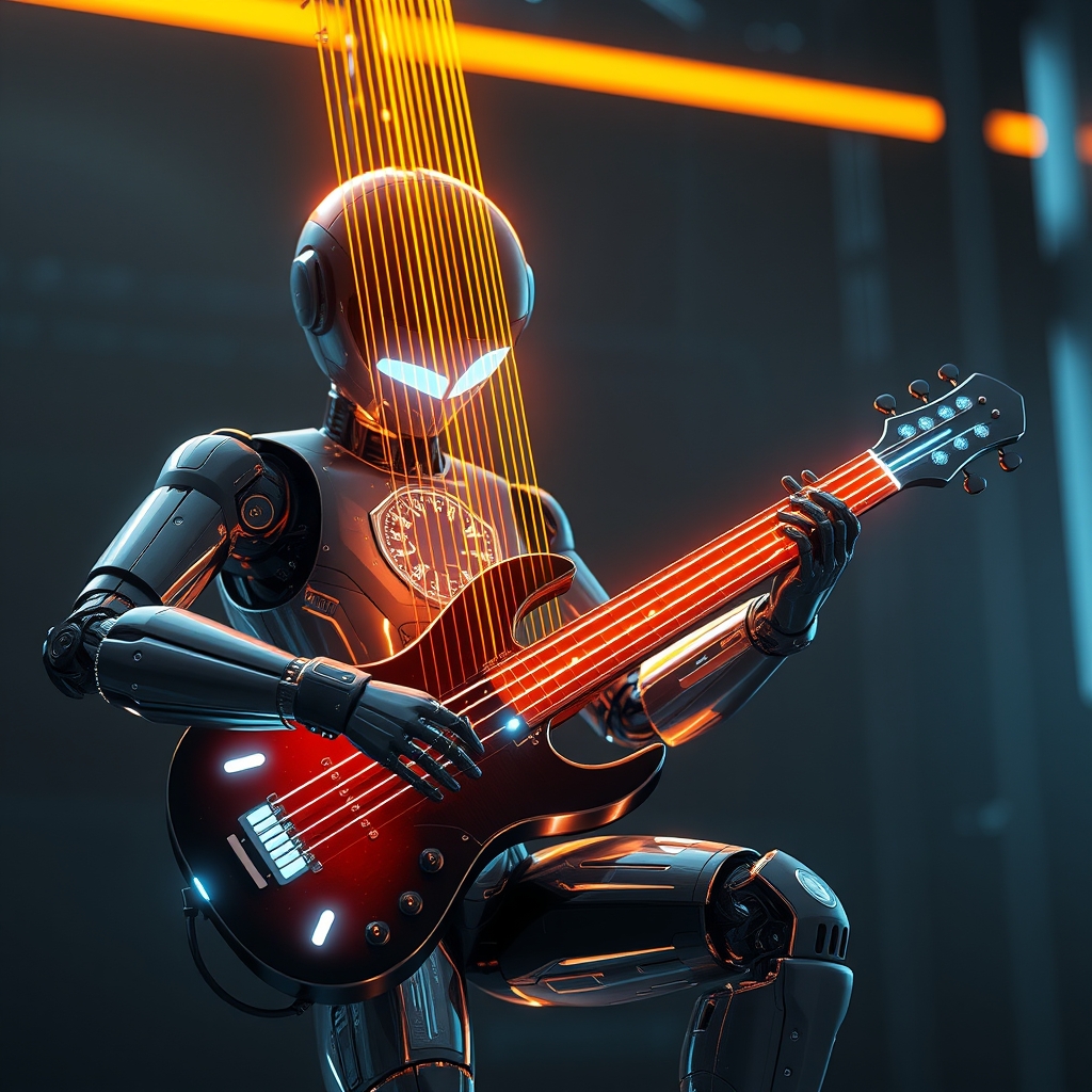 یک ساز موسیقی آینده‌نگر با رشته‌های هولوگرافیک درخشان، در حال نواختن توسط یک ربات.5