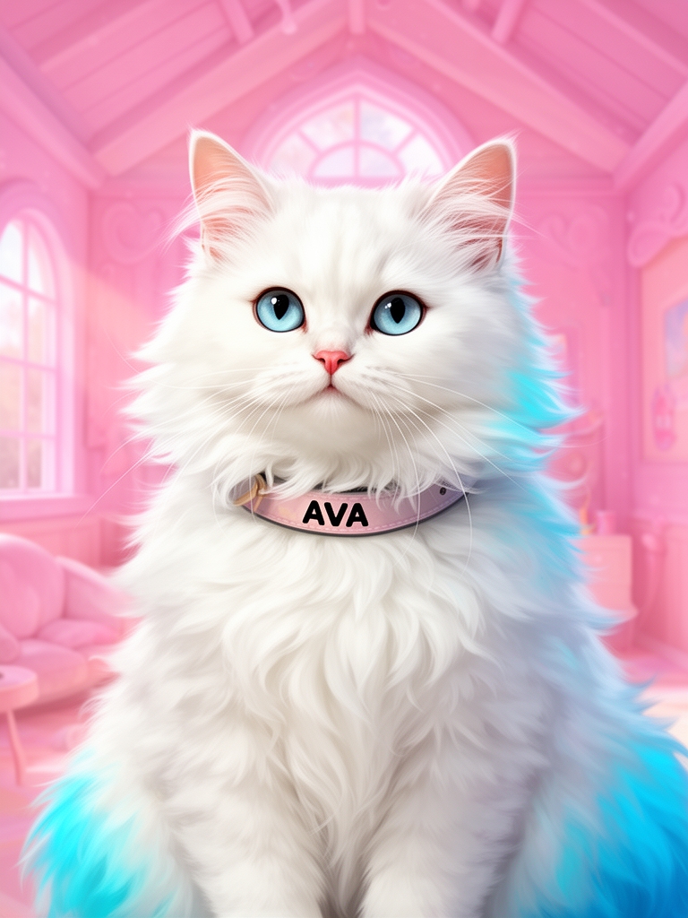 یک گربه خیلی پشمالو سفید که کمی ته پشماش آبی است که قلاده ای به گردن دارد ورو قلاده AVAنوشته شدو است با پس زمینه خونه ای صورتی 3