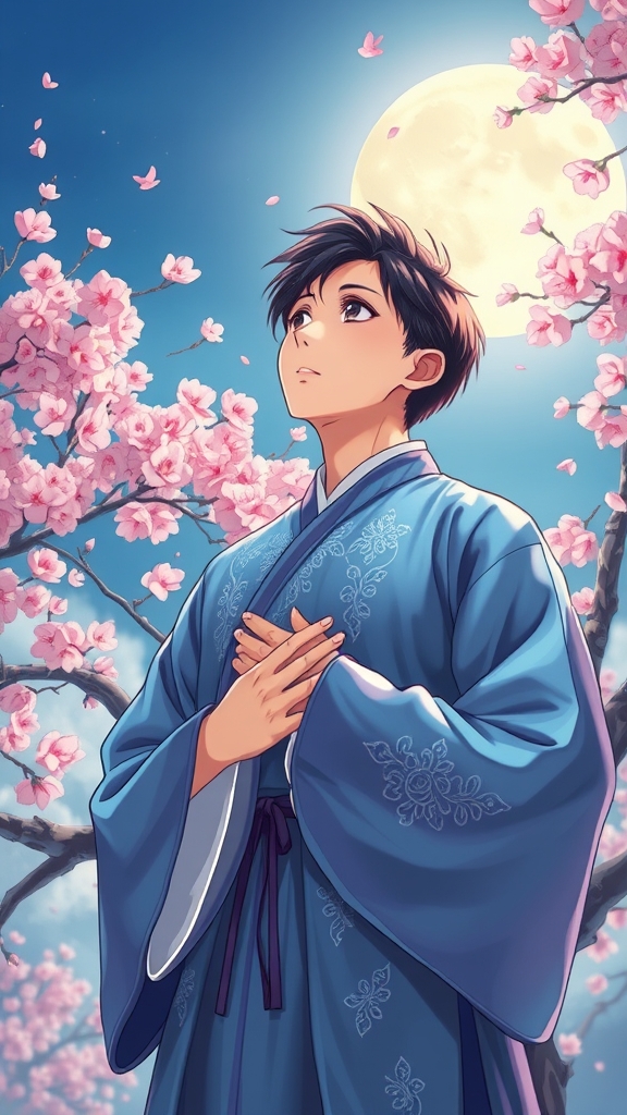 پسری ۱۷ساله با لباس  کره ای که رنگ آبی دارد و از جنس ابریشم است روی لباس نگین های نقره ای وجود دارند به طوری که زیر نور ماه میدرخشند و کنار درختی با گل های صورتی ایستاده بود که باد به درخت میخورد و گل های صورتی در هوا بخش میشد و پسر در حالی که دست خود را روی قفسه سینه خود گذاشته بود به ماه خیره شده بود12