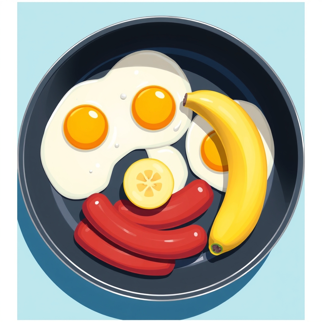 یک ماهیتابه که در داخلش تخم نر وسوسیس و موز بسته می‌شود 20