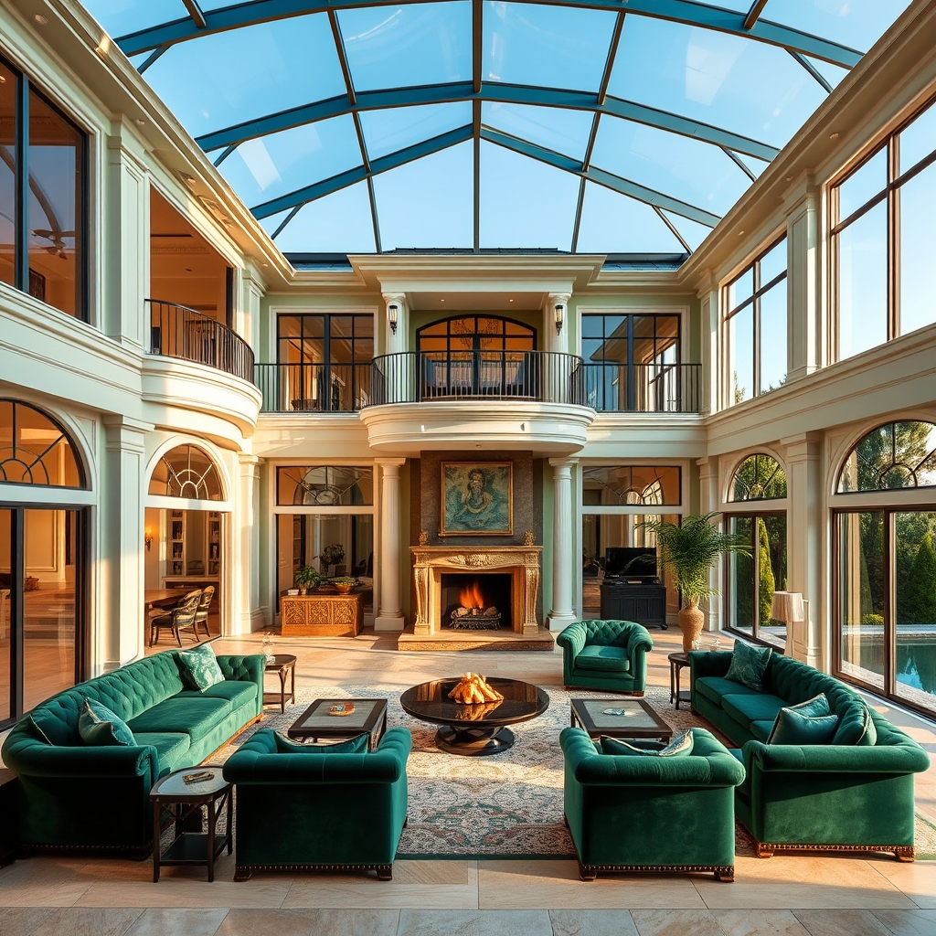 خانه با کلاس بزرگ شبیه قصر  با مبل های سبز یاقوتی دیوار های سبز کمرنگ. خانه دو طبقه یک دیوار شیشه ای به طرف استخر شومینه 9