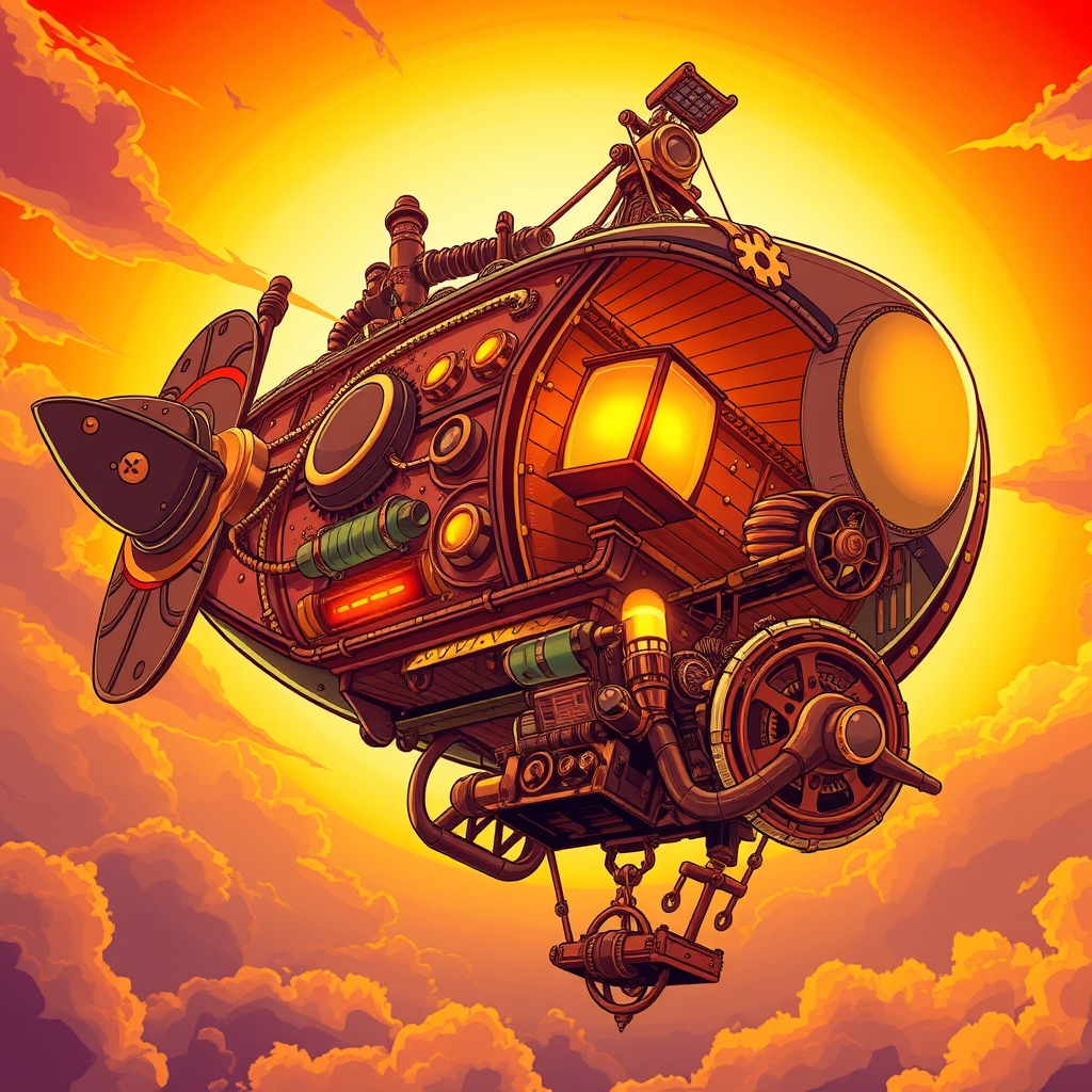 یک کشتی هوایی استیمپانک با چرخدندهها و لولهها، در حال پرواز در غروب طلایی.23