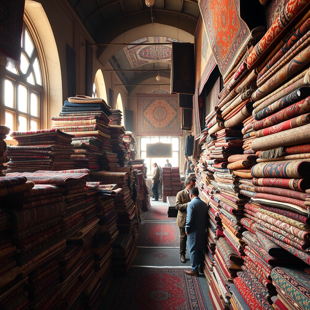 یک فروشگاه قالی ایرانی پر از طرح‌ها و نقش‌های زنده و سنتی.0