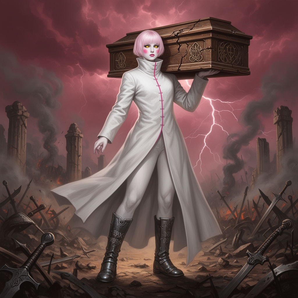 یک خانم باموهای صورتی خیلی خیلی کمرنگ و خیلی کوتاه وپوستی سفید که گونه هایش صورتی است وچشمان کشیده زرد درخشان و یک مانتو سفید بسیار بلند تاروی پاهایش ویقه مانتو او گردنش رومی پوشاند و جای دکمه های مانتو اش ویقه اش خط صورتی دارد و کفش های ساق بلند آهنین دارد و یک تابوت برروی دوش خود دارد واو درمیدان جنگ است 4