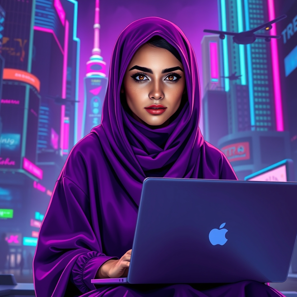 یک دختر ایرانی با مانتوی بنفش با یک لبتاب در دستش به دوربین نگاه میکند
23