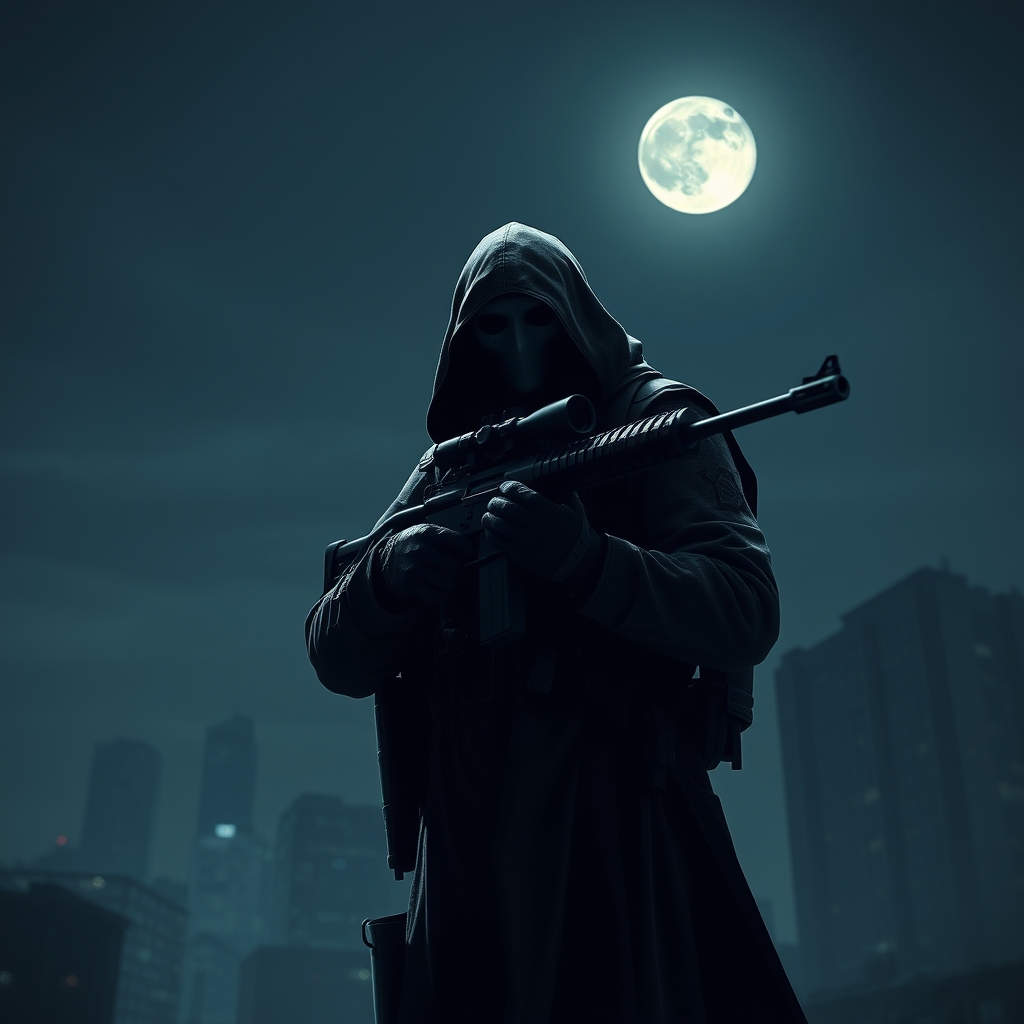 گوست کالاف در یک شب تاریک در شهر با آسمان صاف و مهتابی و در حالی ک در دستش اسنایپر دارد و آن را روی شانه خود قرار داده است4