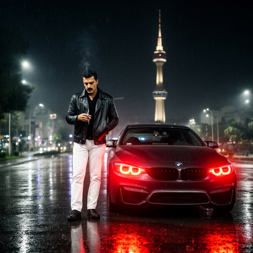 تصویر مردی دل شکسته که در هوای بارانی شب روی پای ایستاده کنار ماشین بی ام دبلیو که نور های جلوی ماشین قرمز هستن و او مرد یک کت چرمی مشکی و شلوار سفید بر تن دارد و ته ریش هم دارد و سیگار مای برو در دست دارد وجلوی برج میلاد در تهران است فقط لطفاً خیلی واقعی بساز ممنون
0