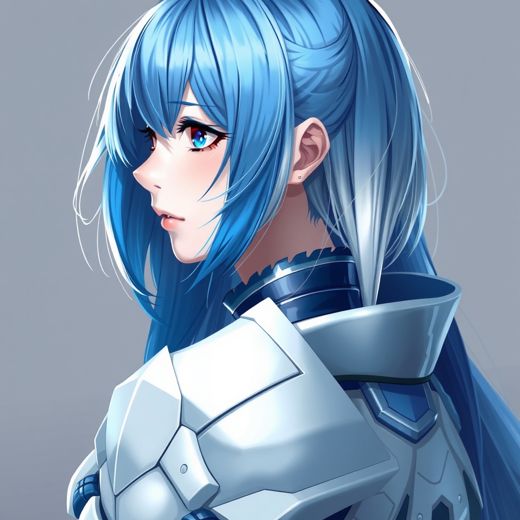 دختری با موهای آبی که پایین مو هایش سفید است و لباس آهنی به رنگ سفید و آبی به تن دارد 
10