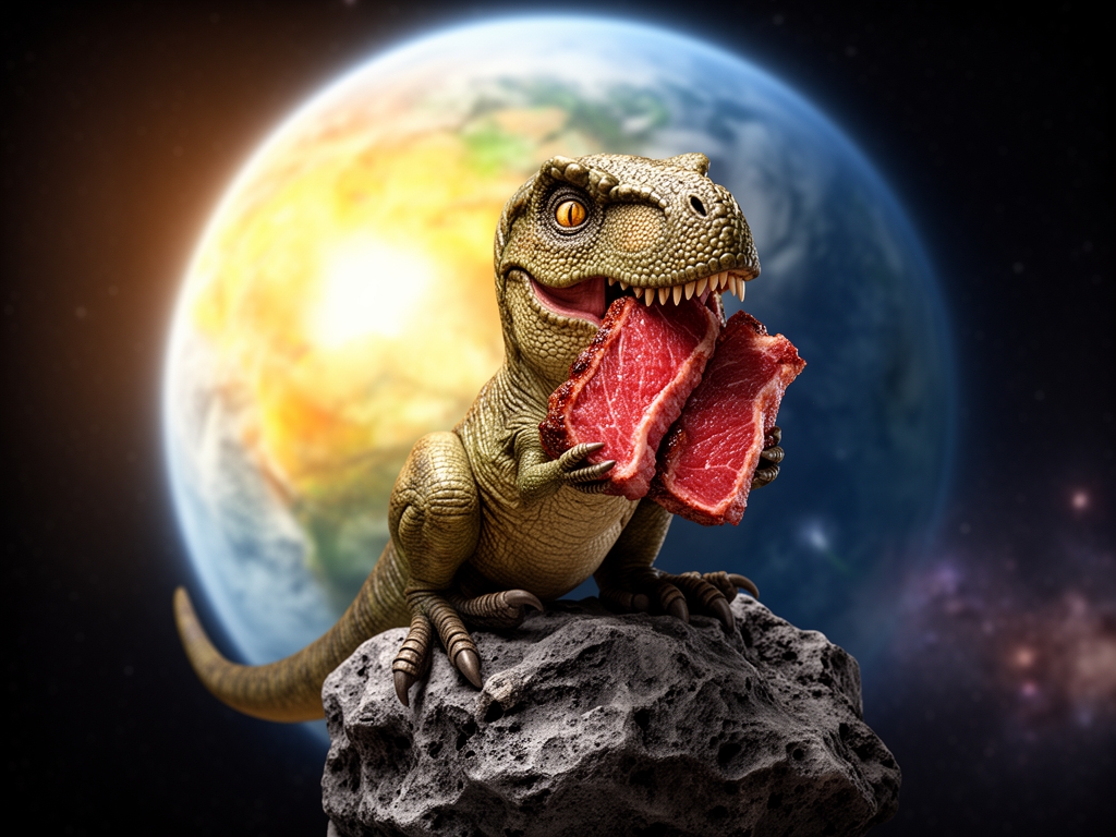    یک تیرکس کوچولو ناز که روی شهاب سنگ  نشسته و پشتش سیاره زمینه و داره استیک هارو میخوره2