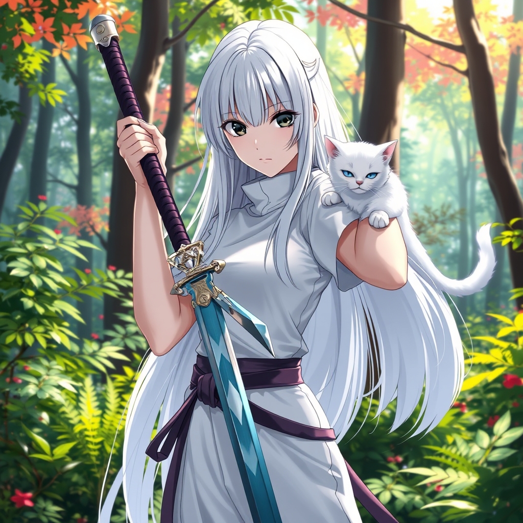 یک دختر ژاپنی با چشم های کشیده و مشکی با قیافه ی جدی که مو های بسیار بلند سفید و براق دارد و در حال تمرین با یک شمشیر براق و بسیار تیز میباشد و رو به دوربین نگاه میکند و یک فیگور جذاب و خفن گرفته است یک لباس سفید بسیار زیبا پوشیده است و در یک جنگل بسیار سرسبز و زیبا ایستاده است و یک گربه بسیار زیبا و سفید با چشمان آبی کنارش ایستاده است7