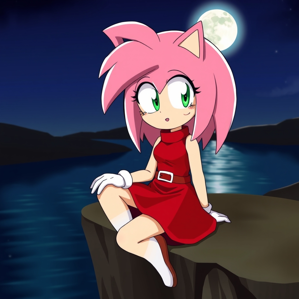 یک عکس زیبا و کیوت از شخصیت انمیشن سونیکی امی رز که مو های صورتی کمرنگی دارد با چشم های سبز یک پیراهن قرمز یقه اسکی تنشه که بدون آستین است و یک کمر بند دارد و در لب پرت گایی که داخل مرت گاه آب است و شب است که ماه کامل است که در آب معلوم است نشسته است 22