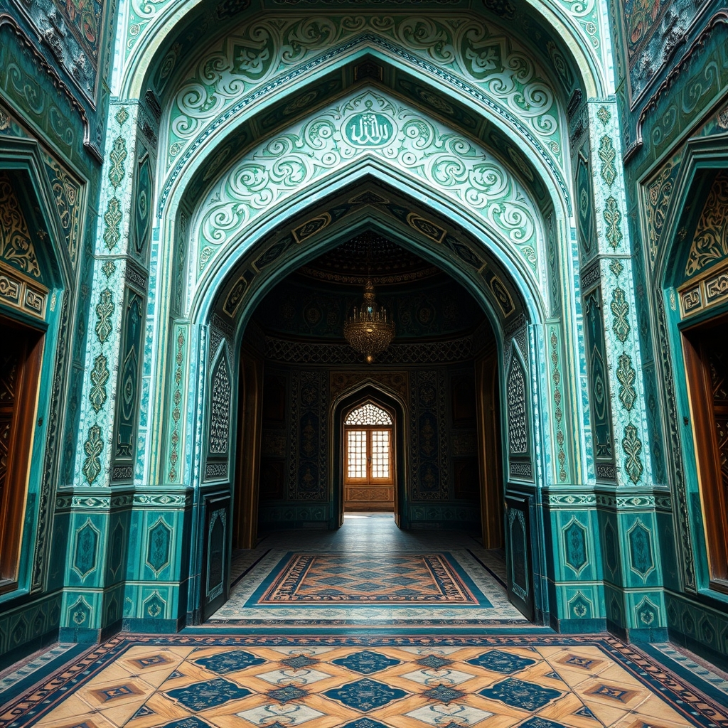 سر در ورودی یک خانه با معماری ایرانی اسلامی در شهر اصفهان با رنگ سبز و فیروزه‌ای و آبی همراه با نقش و نگارهای رویایی15