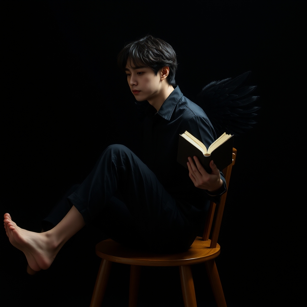 عکس یه پسر ژاپنی بیست ساله جوون موفرفری  خوشگل و قد بلند   از نیم رخ  در حال گریه کردن تو یه مکان سیاه  با نور کم ردی صندلی چوبی نشسته (مثل مدل ها از دور کهیه پاش رو رو پایه صندلی گذاشته و پای دیگشو رو زمین رو نوگ انگشت پاش)و پیراهن شلوار سیاه تنشه بت دو بال سیاه و تو یه دستش دستش یه کتاب 
(واسه جلد کتابی که مینویسم)6