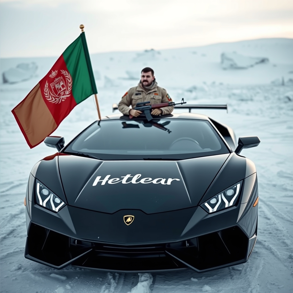 ماشین لامبورگینی بارنگ سیاه و روی کابوت ماشین اسم  Hetlear نوشته باشه و مرد با لباس نزامی افغانستان با صلاح کلاش یخی  کنارش استاده باشه و در یک منطقه زیبا یخی باشه در در کنار ماشین بیرق بزرگ افغانستان علم کرده باشه

17