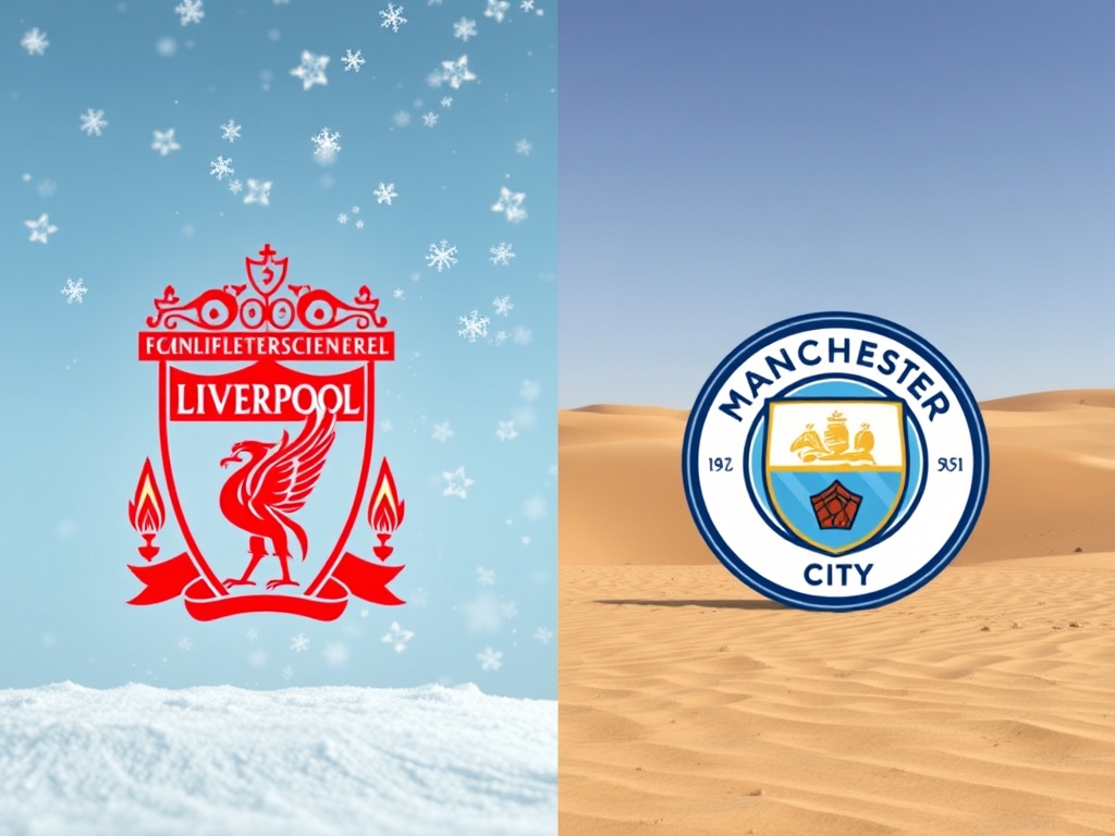 عکس لوگو لیورپول که چسبیده به لگوی منچستر سیتی که طرف ليورپول برف دارد می بارد و طرف منچستر سیتی در بیابان است11