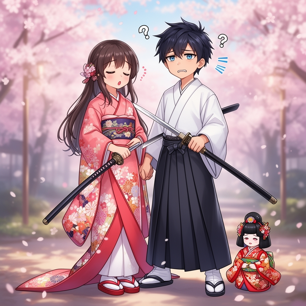 یک دختر کنار یک پسر که هردو تا:👘🗡️🎎😍🥴😟😧باشند0