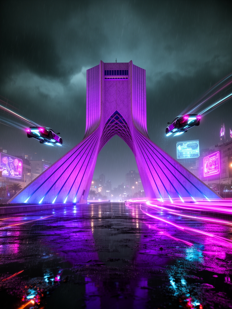 برج آزادی تهران در یک شب بارانی با سبک سایبرپانک، نورهای نئون بنفش و آبی، ماشینهای پرنده در اطراف برج، کیفیت 8k.2