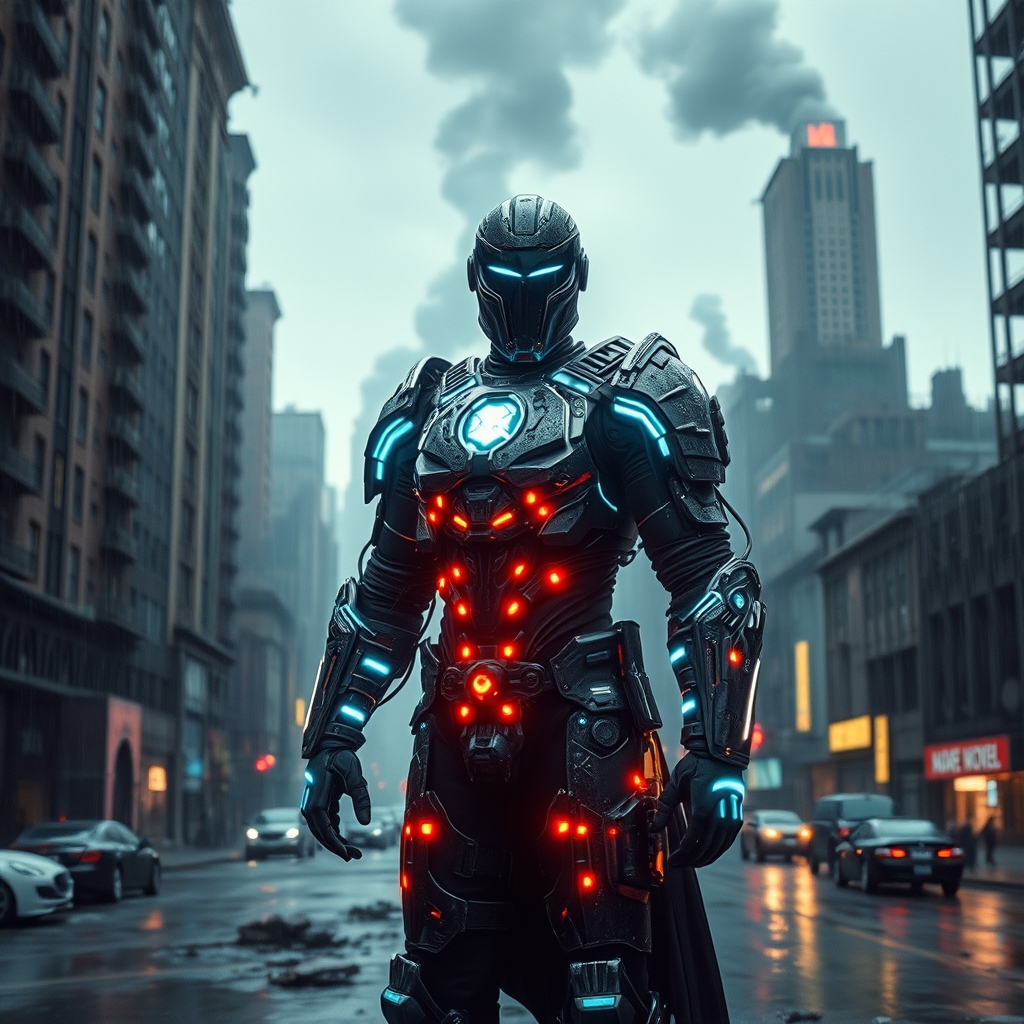 یک شوالیه آیندهنگر با زره اسکلت خارجی درخشان، ایستاده در دنیایی پساآخرالزمانی.23