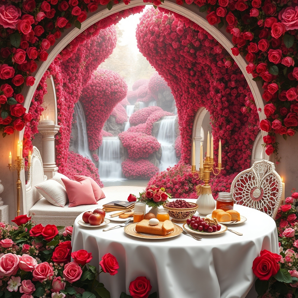 باغ گل رز سرخ و صورتی افسانه ای در و دیوار زمین همه جا سرتاپای باغ با رز سرخ و صورتی پوشیده شده 
هزاران آبشار جاری اند
رودها به هم می ریزند
زیر تونل های دراز و مسقف از گل رز سرخ و صورتی 
یک تخت خواب سفید طلایی سلطنتی قرون وسطایی با کوسن صورتی و شمعدان های طلا پر شمع 
یک میز سفید و طلایی مجلل صبحانه 
پر نان کره خامه عسل مربا شیر میوه سیب انار انگور22