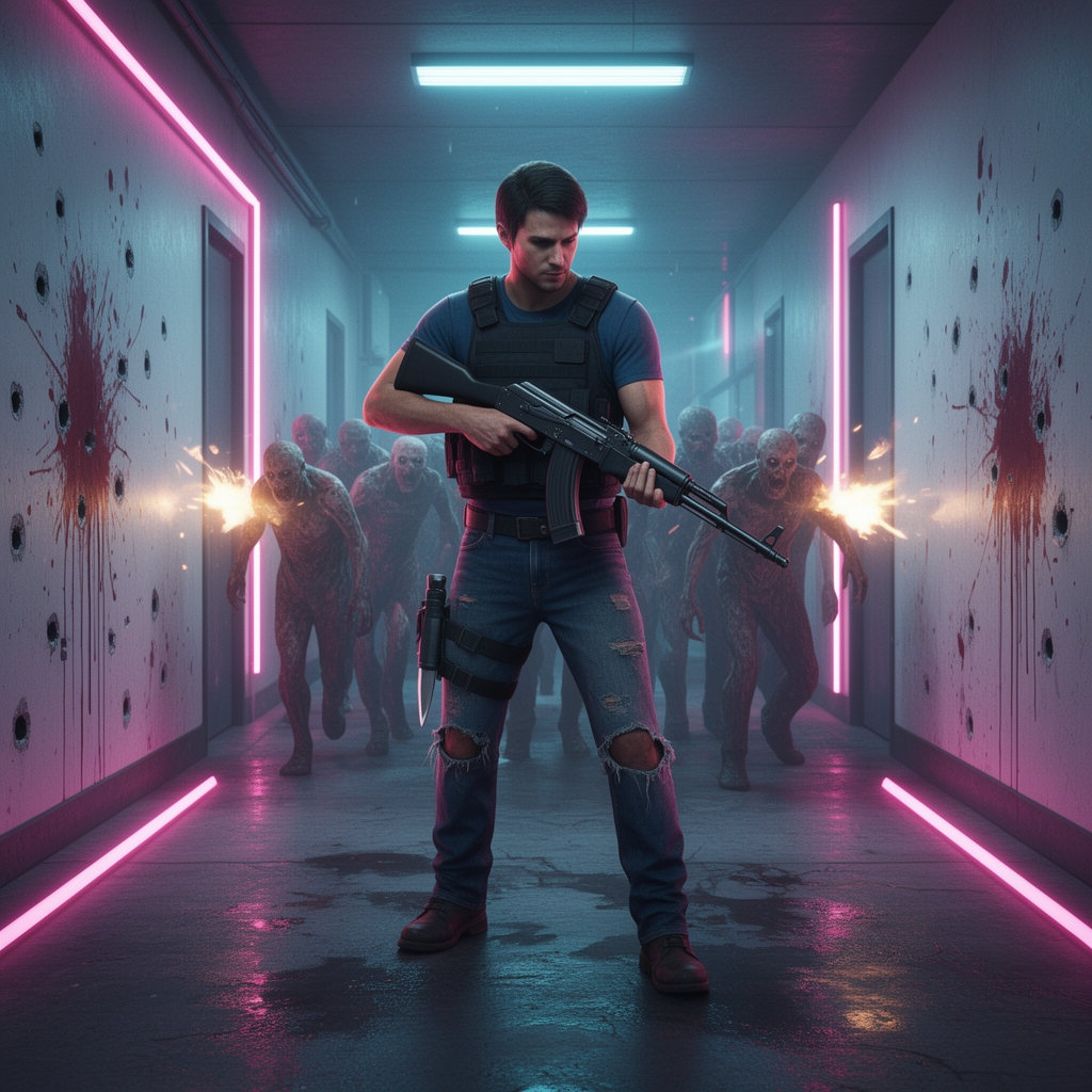 رزیدنت اویل با تفنگ کلاشینکف کف ایستاده و جلیقه سیاه و لباس آبی آستین کوتاه با شلوار لی که در پایین چاقو بسته شده است، به زامبی شلیک میکند. پس زمینه راهرو تاریک که با نور شلیک گلوله روشن است و آن طرف راه رو پر از زامبی است که به سمت رزیدنت اویل میروند. دیوار ها به رنگ سفید هستند و خونی و جای گلوله دارند.5